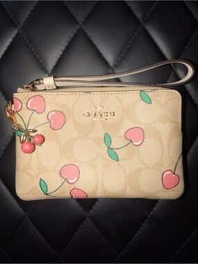 Coach Cherry Print Beige Wristlet with Cherry Charm LIMITED EDITION